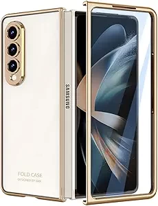 Case for Galaxy Z Fold 4 Case Clear with Screen Protector, Transparent Crystal Clear Plating Slim Hard PC Shockproof Anti-scratch Full Protective Cover for Samsung Galaxy Z Fold 4 5G 2022(Gold)
