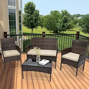 VANCIKI Zanzio Patio Furniture Set, 4 Pieces Porch Backyard Garden Outdoor Furniture Rattan Chairs and Table Wicker Conversation Set with Beige Cushions, Black-Brown