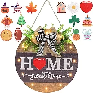 Interchangeable Welcome Sign for Front Door with 14 Changeable Icons, Farmhouse Front Porch Decor Rustic Wooden Wall Sign with 12 LED Lights, Outdoor Seasonal Welcome Home Decorations (Wood home1)