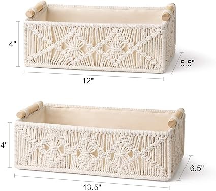 Mkono Macrame Storage Baskets Boho Decor Box Handmade Woven Decorative Countertop Toilet Tank Shelf Cabinet Organizer for Bedroom Livingroom Home, Set of 2, Ivory