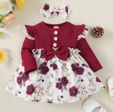 Baby Floral Bowknot Decor Long Sleeve Dress With Headband