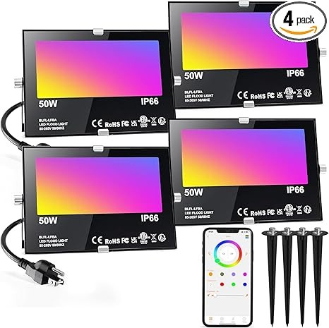 LED Flood Light Outdoor 500W Equivalent 5000LM,Bluetooth RGBW Colored Floodlight Landscape Lighting with APP Control,DIY Scenes,Timing, IP66 Waterproof,2700K,Color Changing Uplight with Ground Stakes