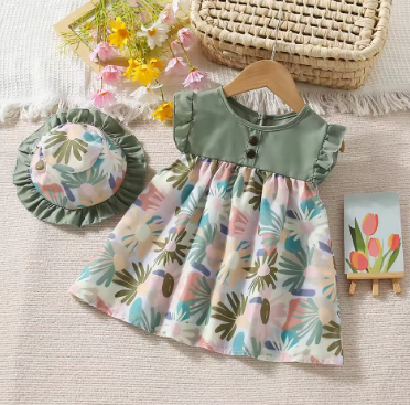 Summer New Baby Girls Dress Small Flying Sleeve Lace Pleats Flower Pattern Buttons + Hat Flower Pleats (0-3 Years Old Girls)