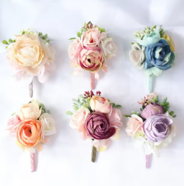 YO CHO Bridesmaid Decor Mini Rose Flowers Head Wrist Flowers and Boutonnieres Set Bride Decorations Wedding Bouquet Peony Brooch