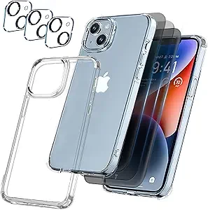 7 in 1 Case for iPhone, 3-Pack Screen Protector and 3-Pack Camera Lens Protector, Non-Yellowing Shockproof Bumper Clear Phone Cover, Full Coverage Tempered Glass Film (Privacy) (IP12 6.1in)