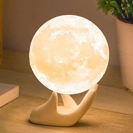 Mydethun 3D Moon Lamp with Ceramic Base, Valentine's Day Gift, LED Night Light, Mood Lighting with Touch Control Brightness for Women,Home Décor, Bedroom, Kids Birthday, 3.5 Inch - White & Yellow